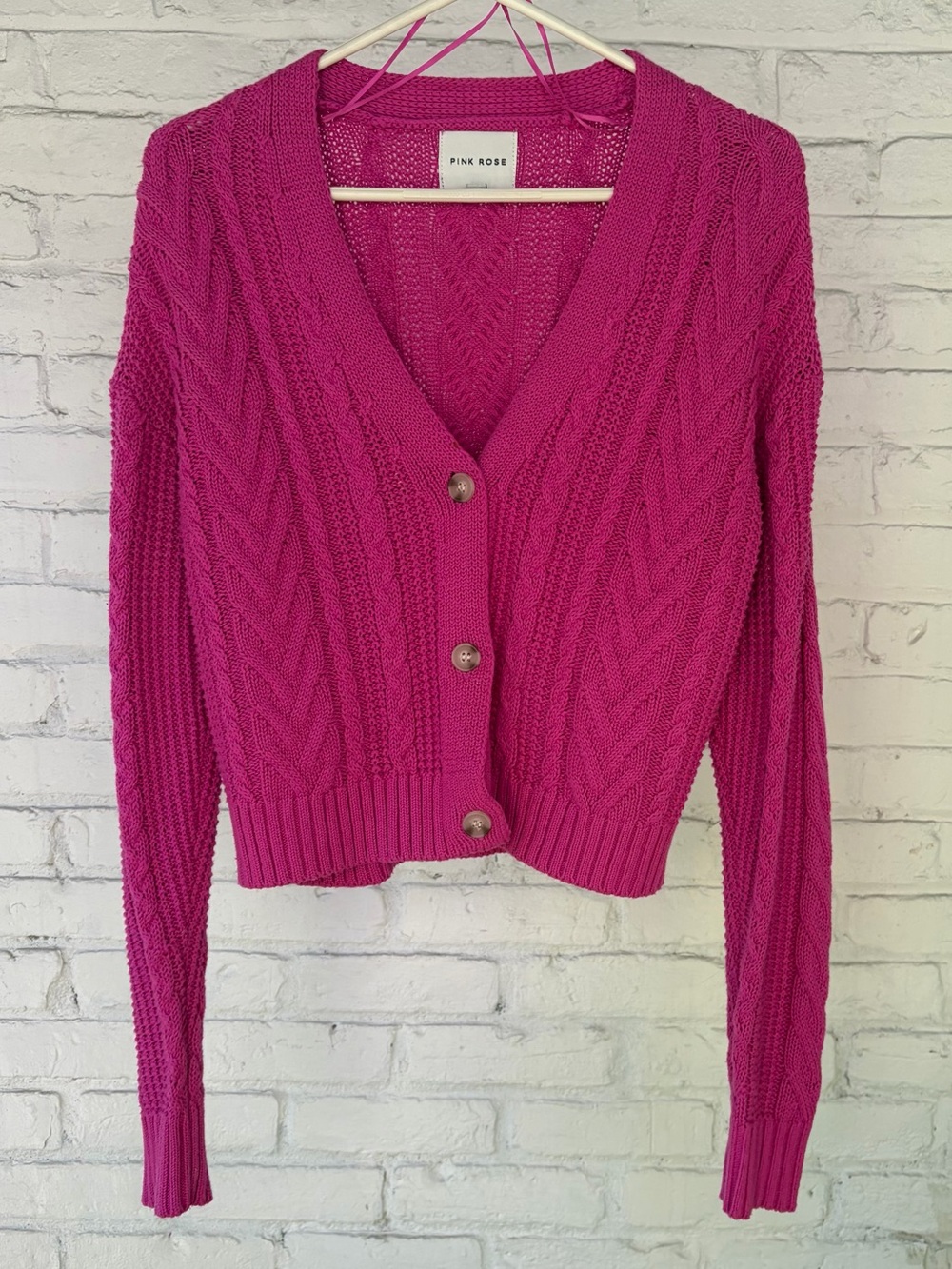 PINK ROSE Hot Pink Fuschia Cable Knit Button-Up Cardigan